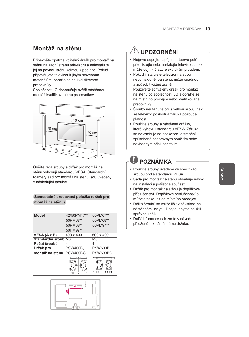 Montáž na stěnu, Upozornění, Poznámka | LG 60PM670S User Manual | Page 156 / 243