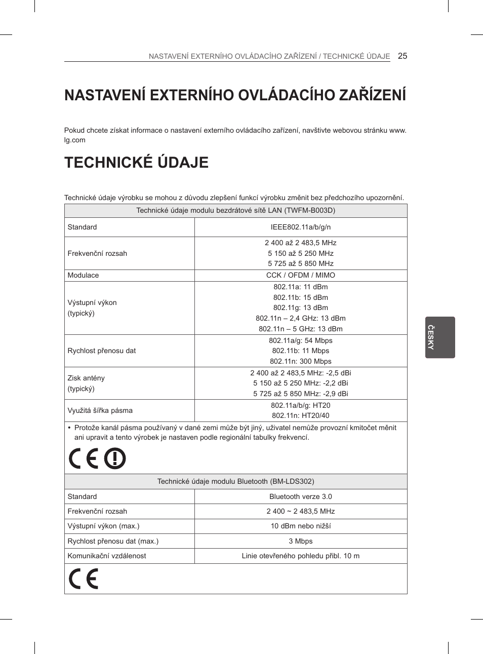 Nastavení externího ovládacího zařízení, Technické údaje | LG 60PM670S User Manual | Page 162 / 243