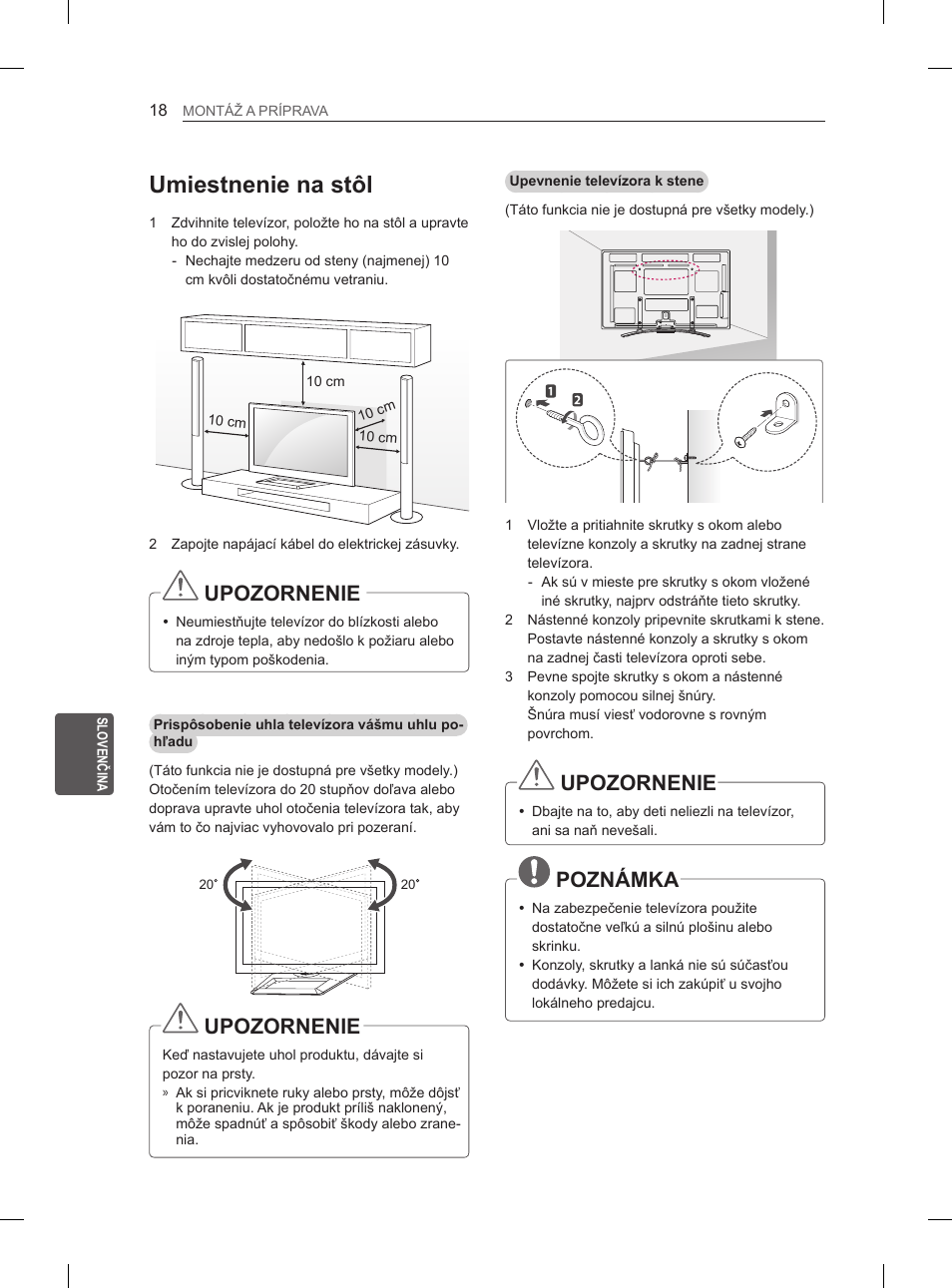 Umiestnenie na stôl, Upozornenie, Poznámka | LG 60PM670S User Manual | Page 181 / 243