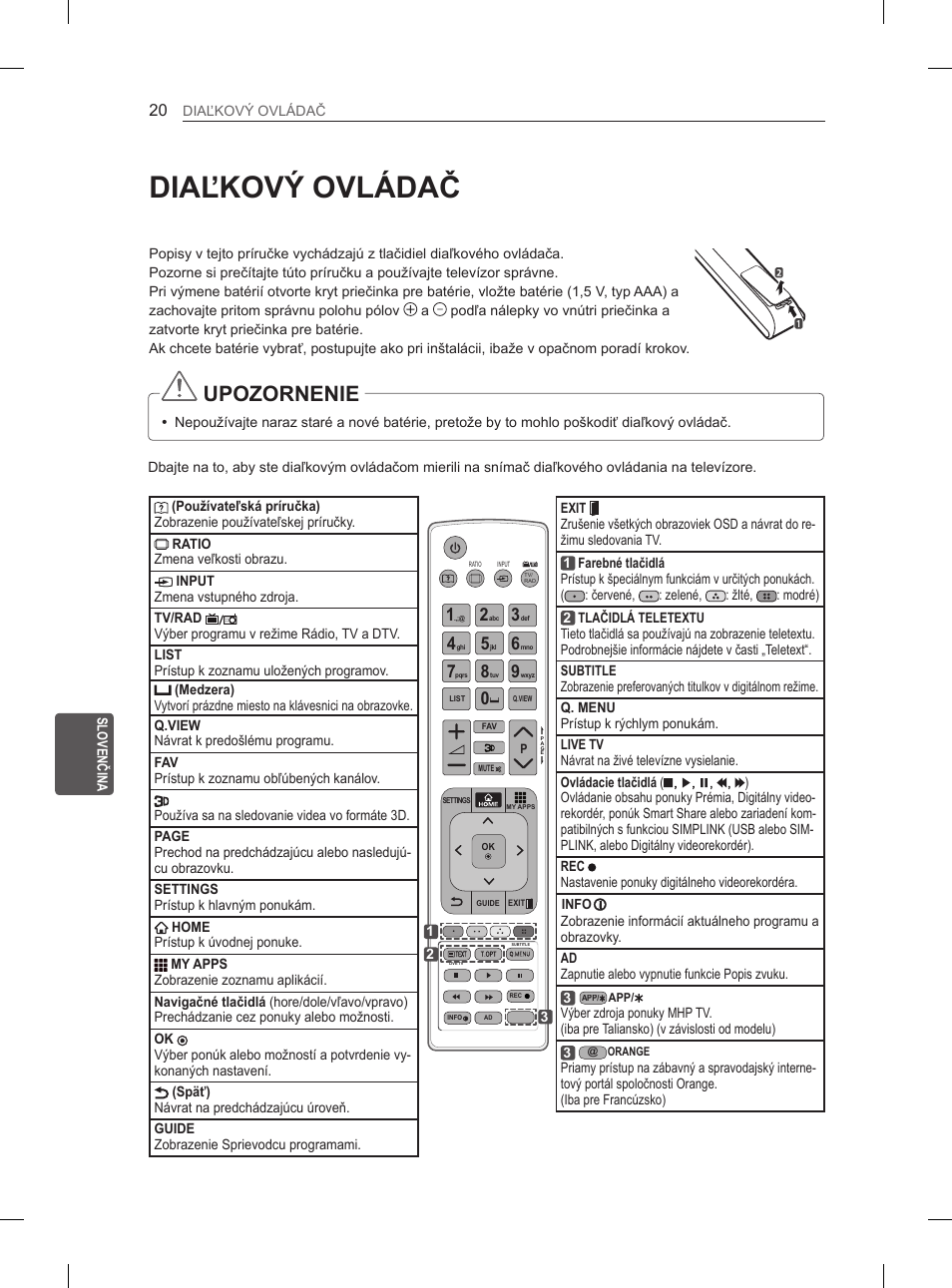 Diaľkový ovládač, Upozornenie | LG 60PM670S User Manual | Page 183 / 243