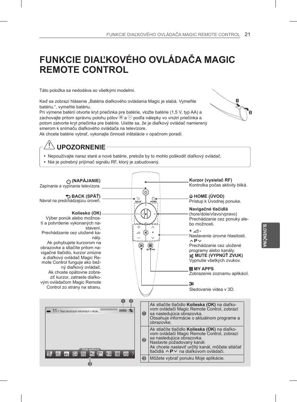 Funkcie diaľkového ovládača magic remote control, Upozornenie | LG 60PM670S User Manual | Page 184 / 243