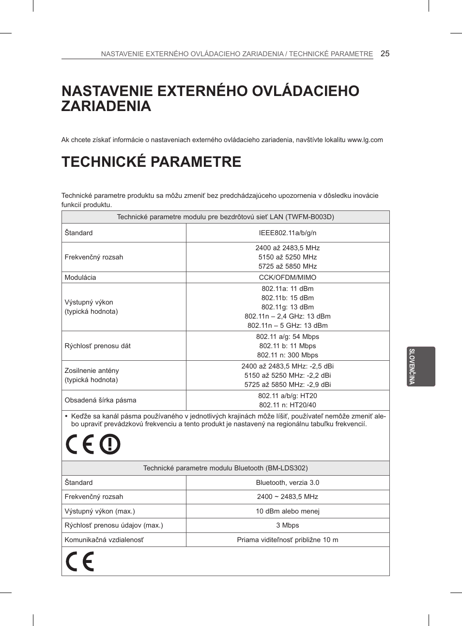 Nastavenie externého ovládacieho zariadenia, Technické parametre | LG 60PM670S User Manual | Page 188 / 243