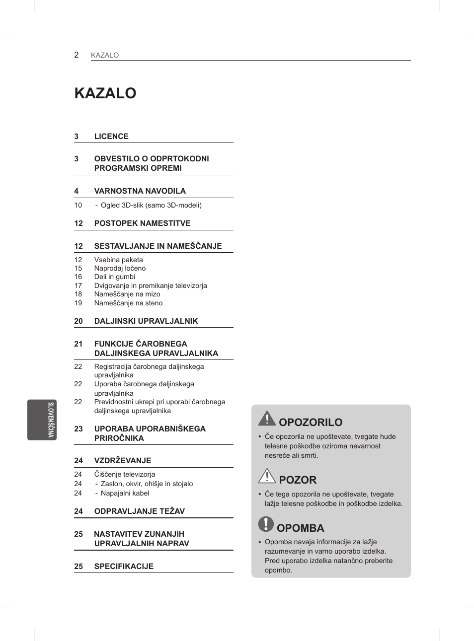 Kazalo, Opozorilo, Pozor | Opomba | LG 60PM670S User Manual | Page 191 / 243