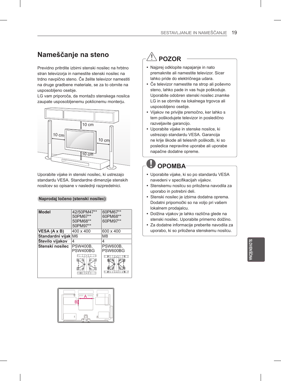 Nameščanje na steno, Pozor, Opomba | LG 60PM670S User Manual | Page 208 / 243