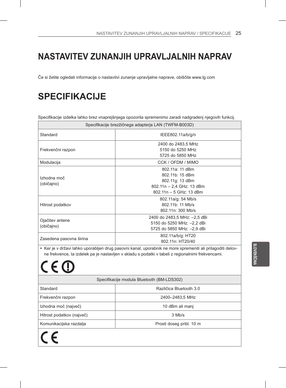 Nastavitev zunanjih upravljalnih naprav, Specifikacije | LG 60PM670S User Manual | Page 214 / 243