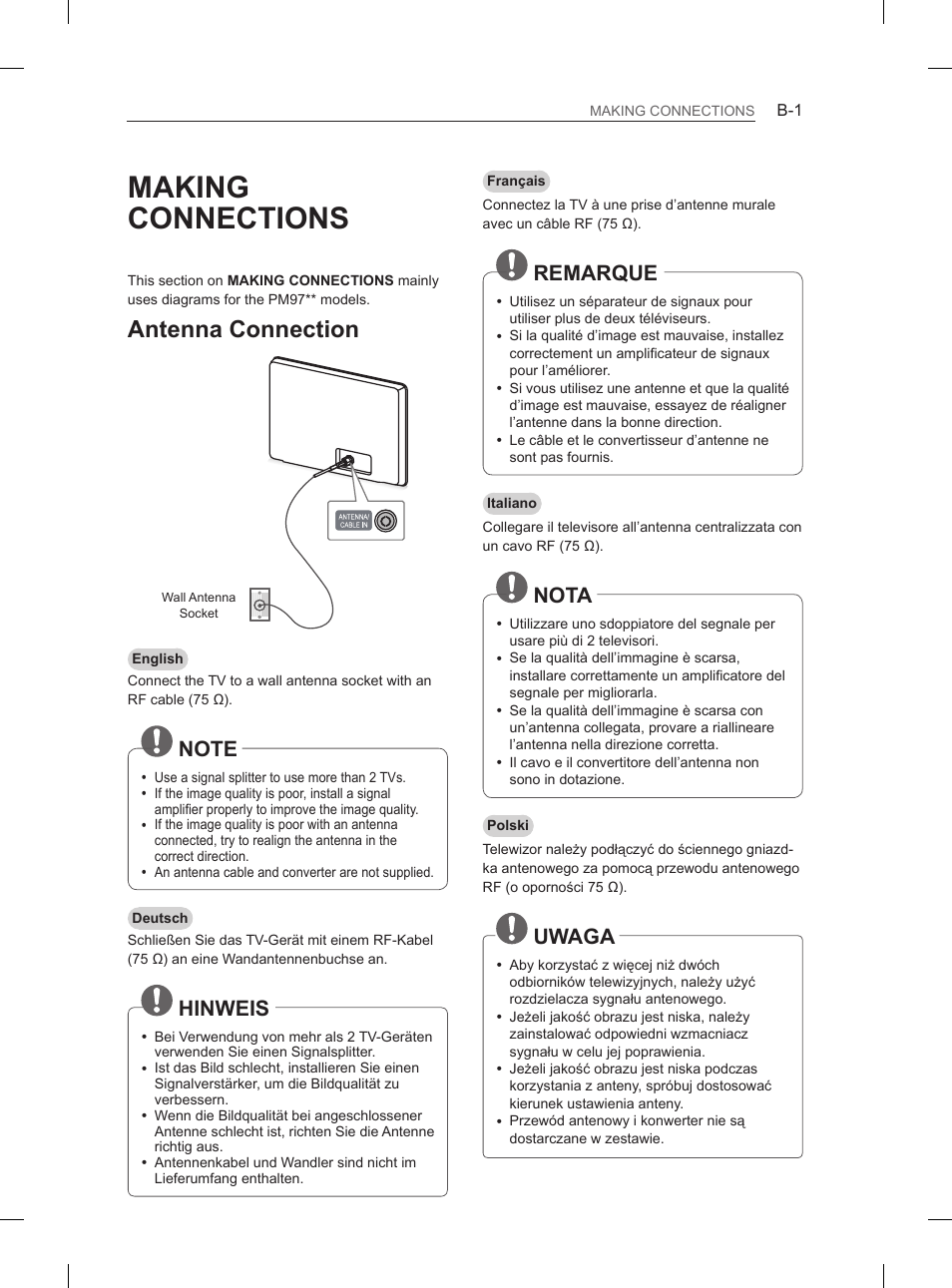 Making connections, Antenna connection, Hinweis | Remarque, Nota, Uwaga | LG 60PM670S User Manual | Page 216 / 243