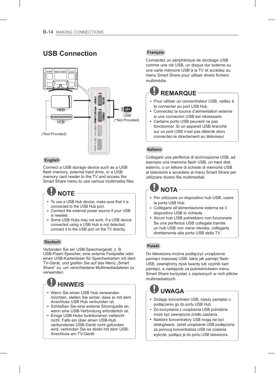 Usb connection, Hinweis, Remarque | Nota, Uwaga | LG 60PM670S User Manual | Page 229 / 243