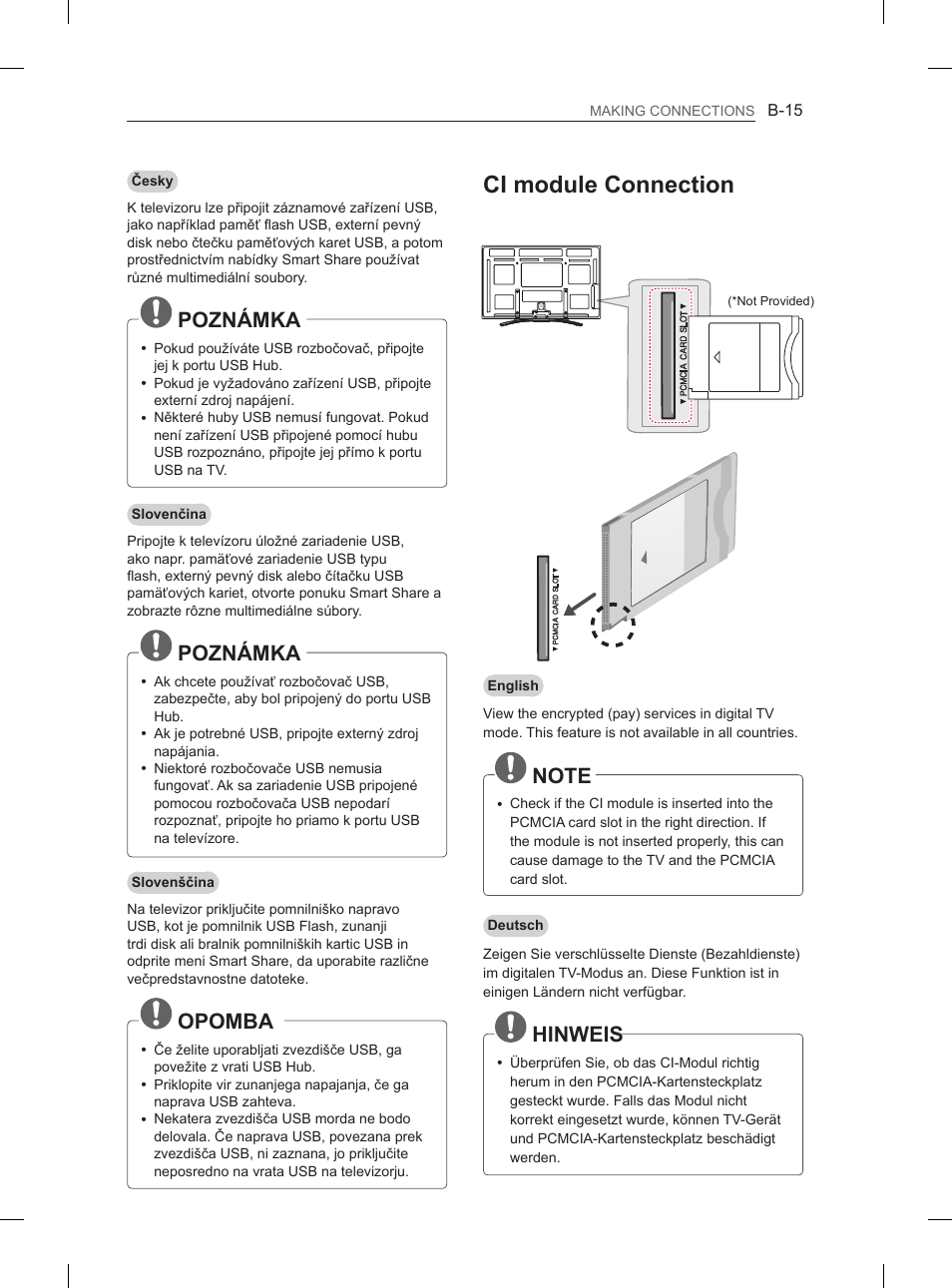 Ci module connection, Hinweis, Poznámka | Opomba | LG 60PM670S User Manual | Page 230 / 243