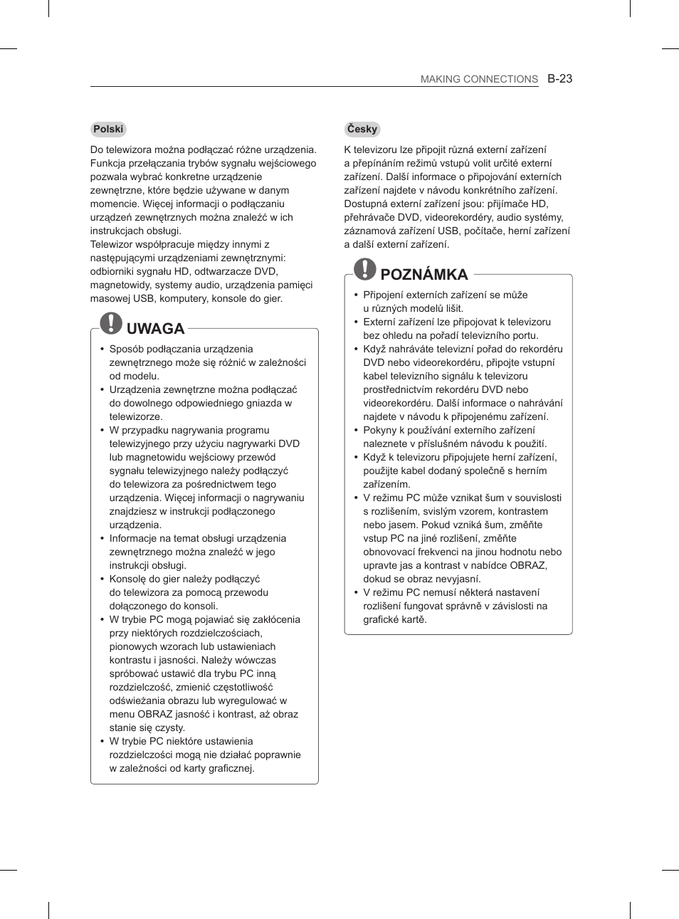 Uwaga, Poznámka | LG 60PM670S User Manual | Page 238 / 243