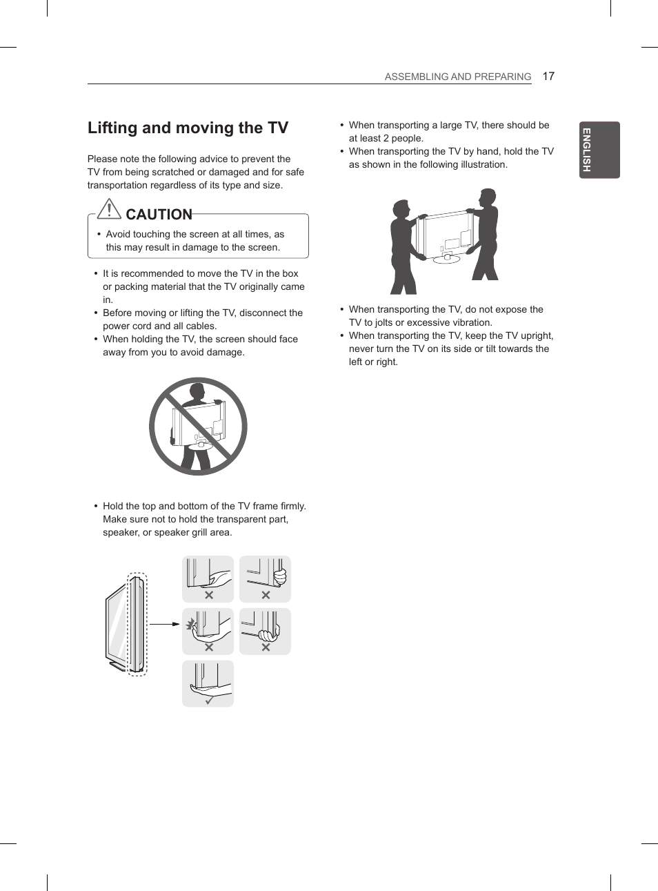 Lifting and moving the tv, Caution | LG 60PM670S User Manual | Page 24 / 243