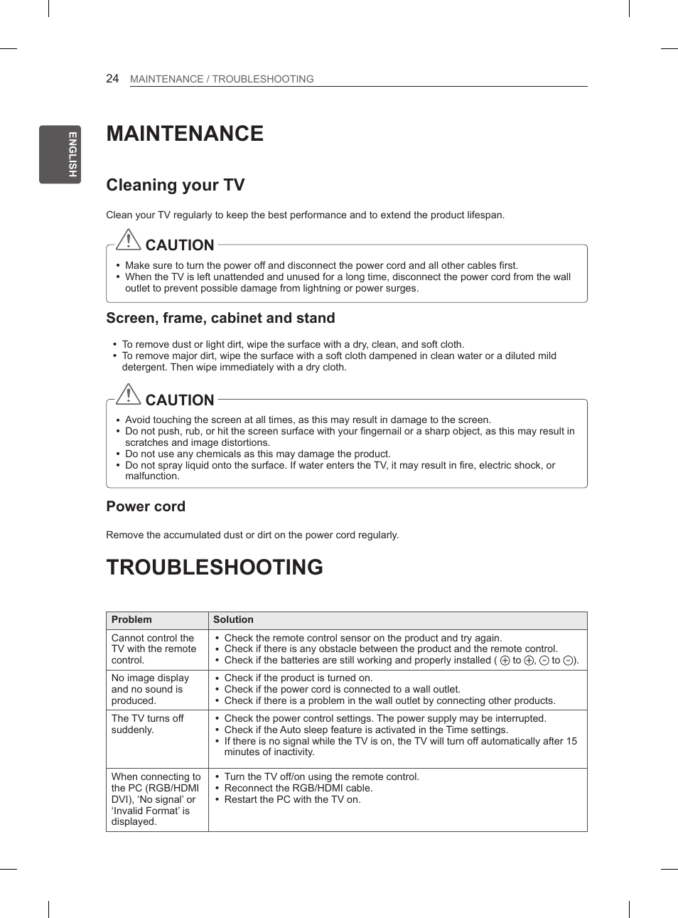 Maintenance, Troubleshooting, Cleaning your tv | Caution, Screen, frame, cabinet and stand, Power cord | LG 60PM670S User Manual | Page 31 / 243