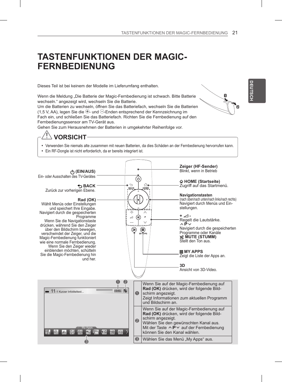 Tastenfunktionen der magic- fernbedienung, Vorsicht | LG 60PM670S User Manual | Page 54 / 243