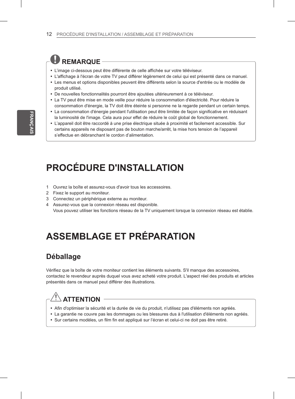 Procédure d'installation, Assemblage et préparation, Déballage | Remarque, Attention | LG 60PM670S User Manual | Page 71 / 243