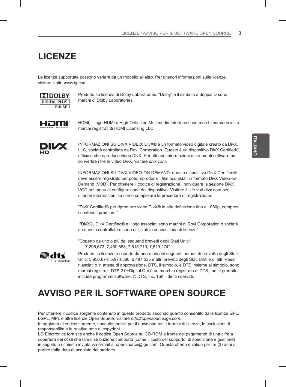 Licenze, Avviso per il software open source | LG 60PM670S User Manual | Page 88 / 243