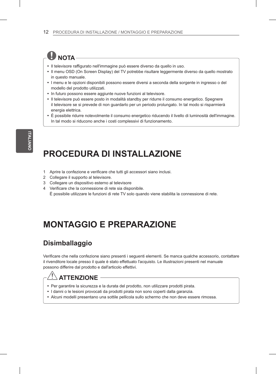 Procedura di installazione, Montaggio e preparazione, Disimballaggio | Nota, Attenzione | LG 60PM670S User Manual | Page 97 / 243