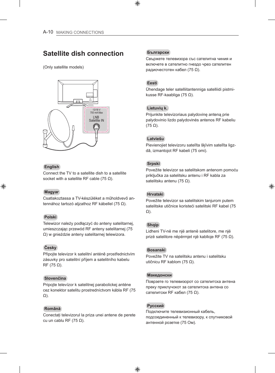 Satellite dish connection | LG 47LN613S User Manual | Page 10 / 552