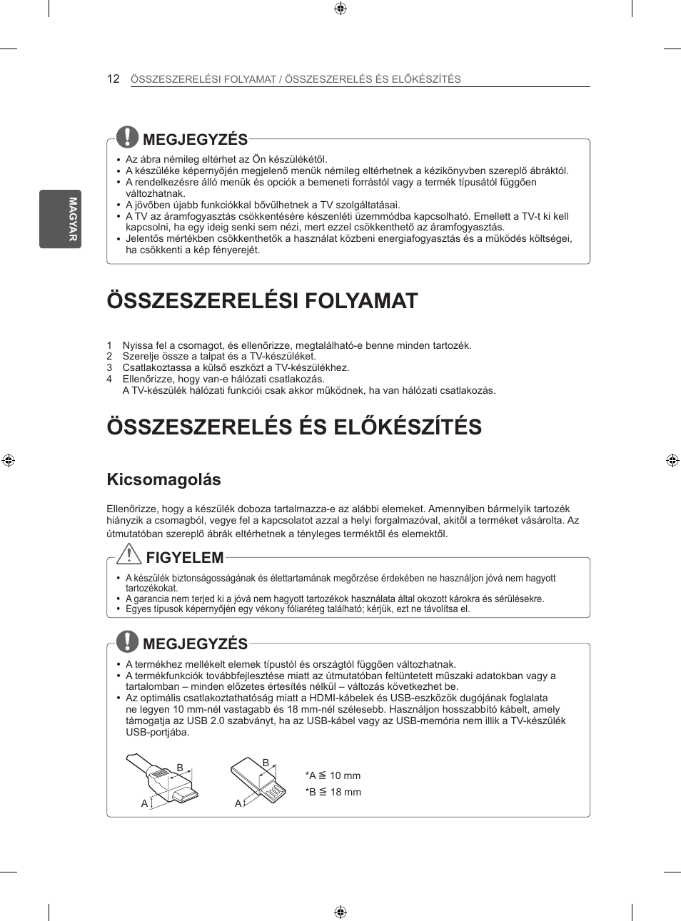 Összeszerelési folyamat, Összeszerelés és előkészítés, Kicsomagolás | Megjegyzés, Figyelem | LG 47LN613S User Manual | Page 102 / 552