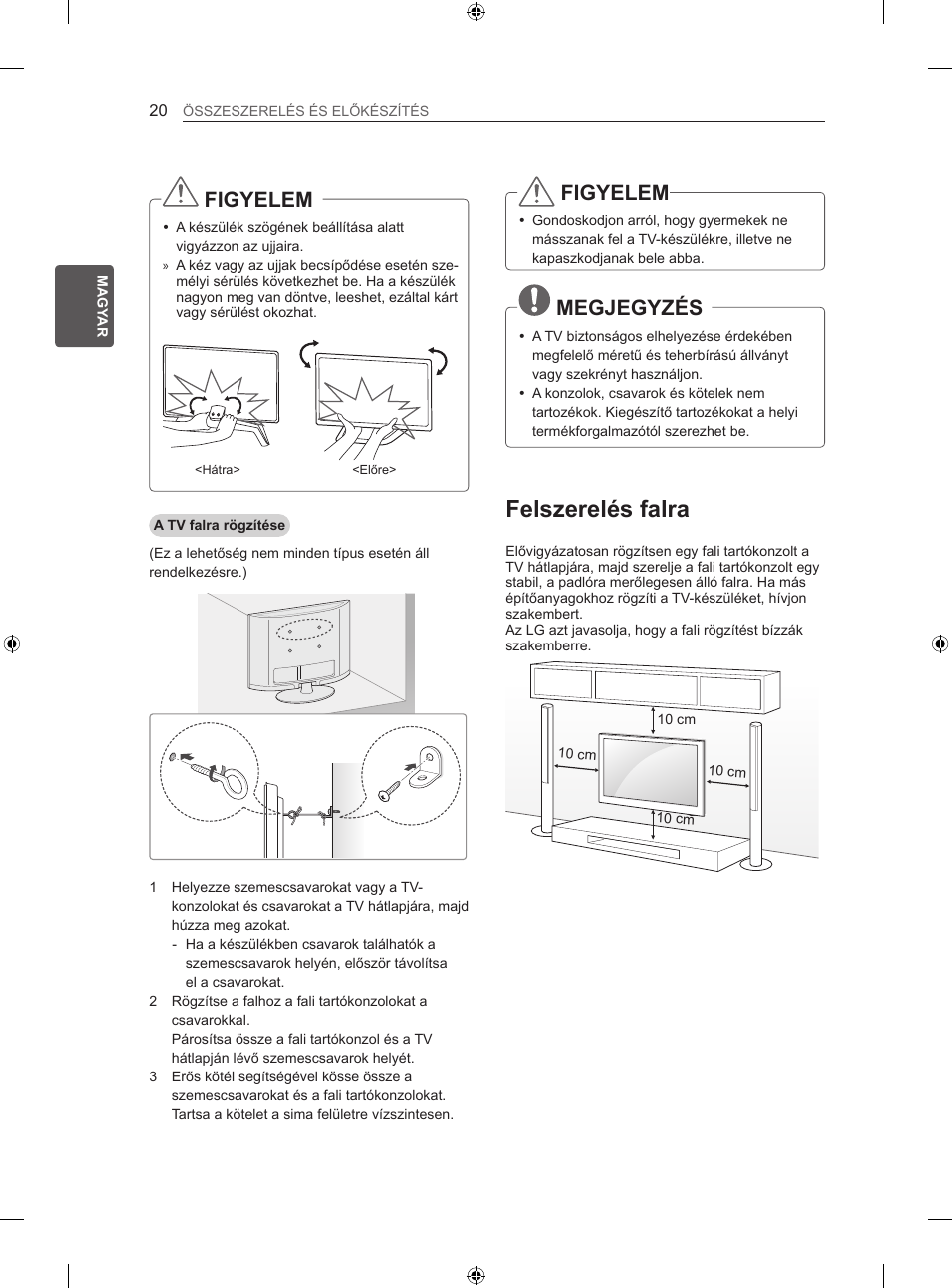 Felszerelés falra, Figyelem, Megjegyzés | LG 47LN613S User Manual | Page 110 / 552