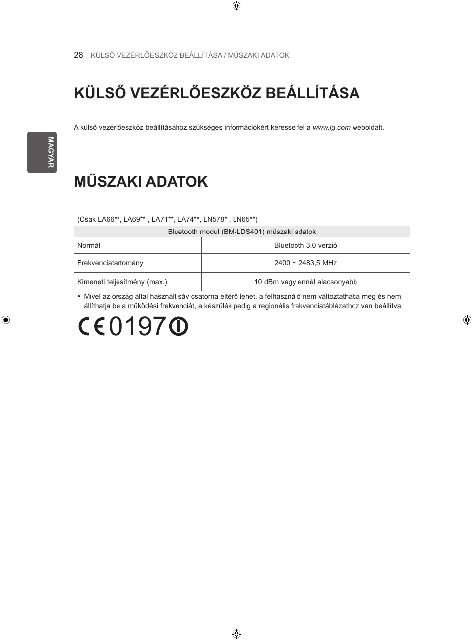 Műszaki adatok, Külső vezérlőeszköz beállítása | LG 47LN613S User Manual | Page 118 / 552