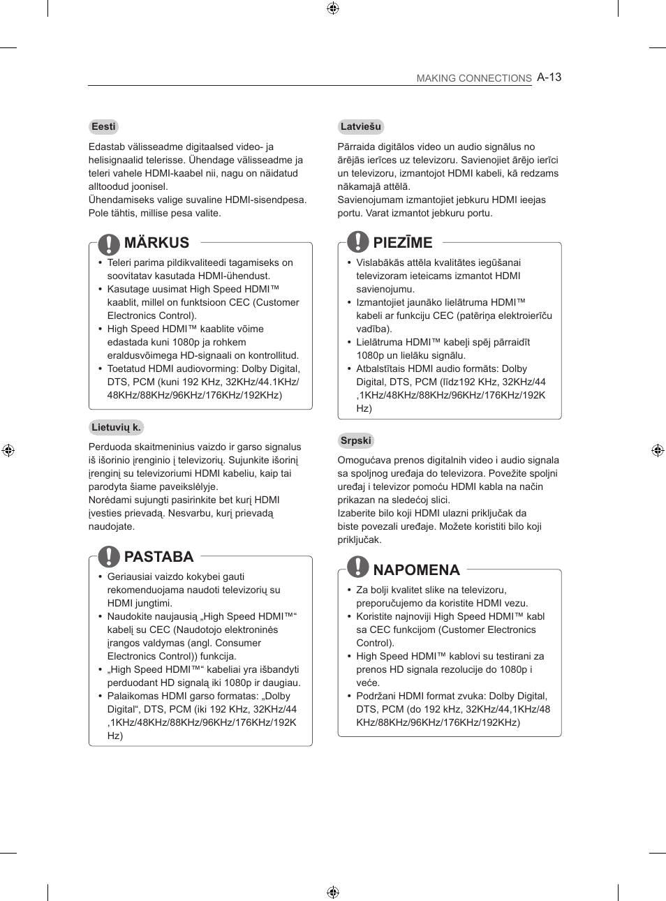 Piezīme, Napomena, Märkus | Pastaba | LG 47LN613S User Manual | Page 13 / 552