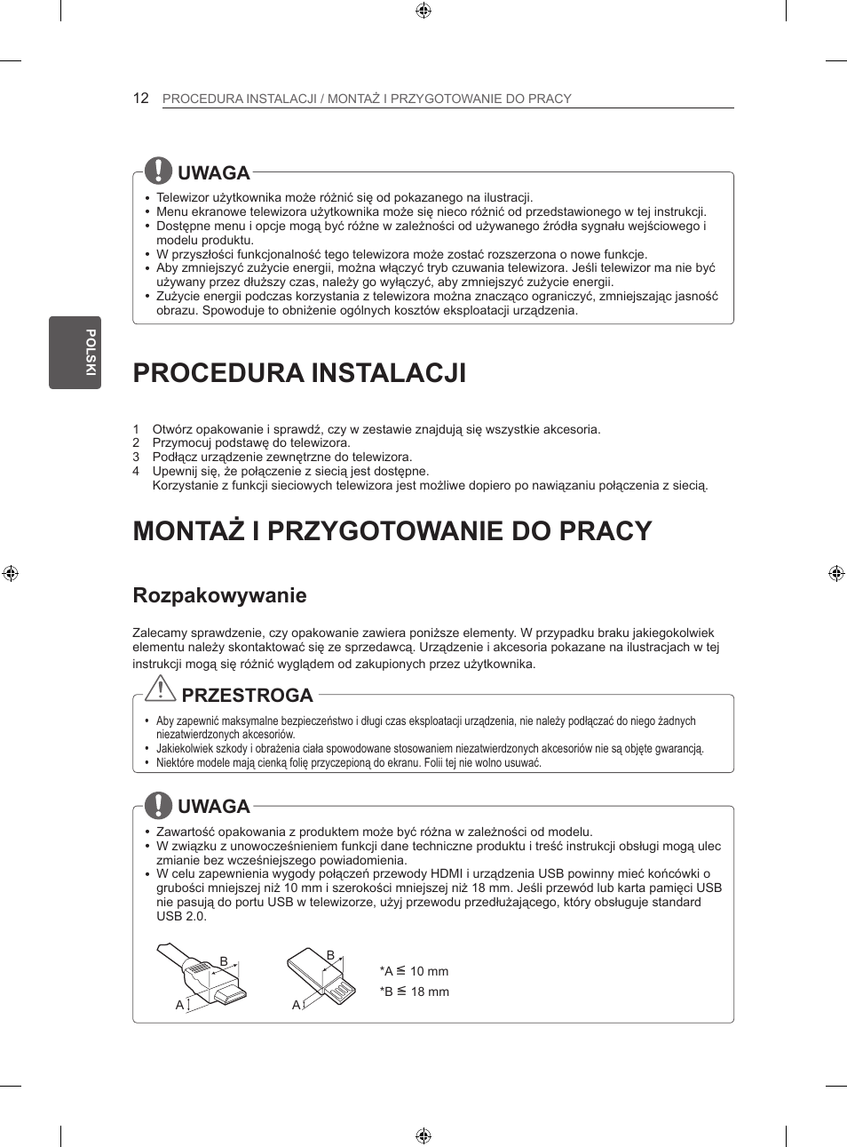 Procedura instalacji, Montaż i przygotowanie do pracy, Rozpakowywanie | Uwaga, Przestroga | LG 47LN613S User Manual | Page 132 / 552