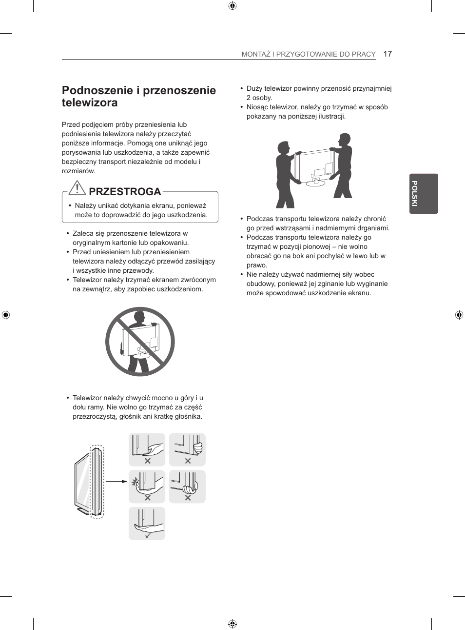 Podnoszenie i przenoszenie telewizora, Przestroga | LG 47LN613S User Manual | Page 137 / 552