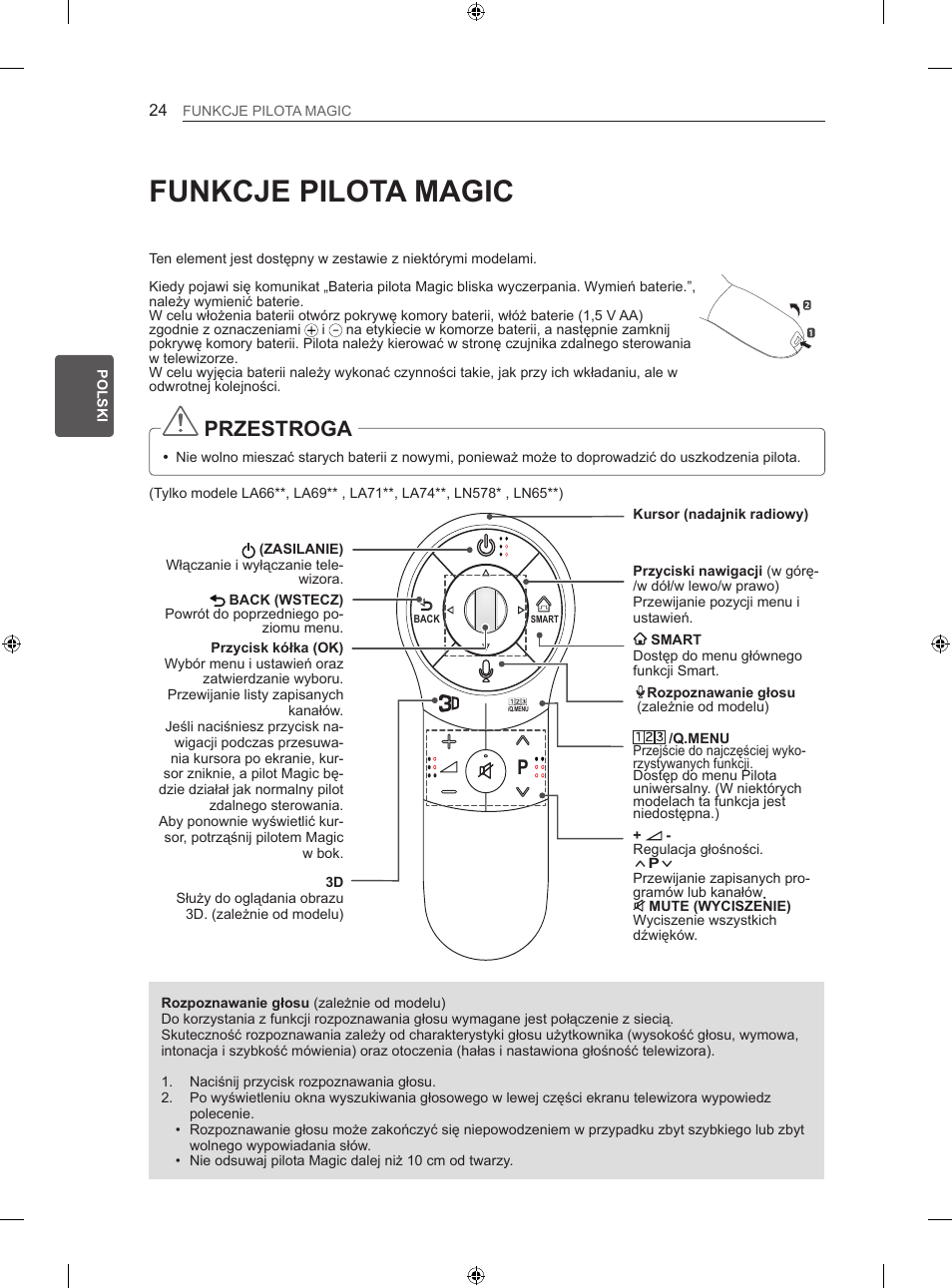 Funkcje pilota magic, Przestroga | LG 47LN613S User Manual | Page 144 / 552