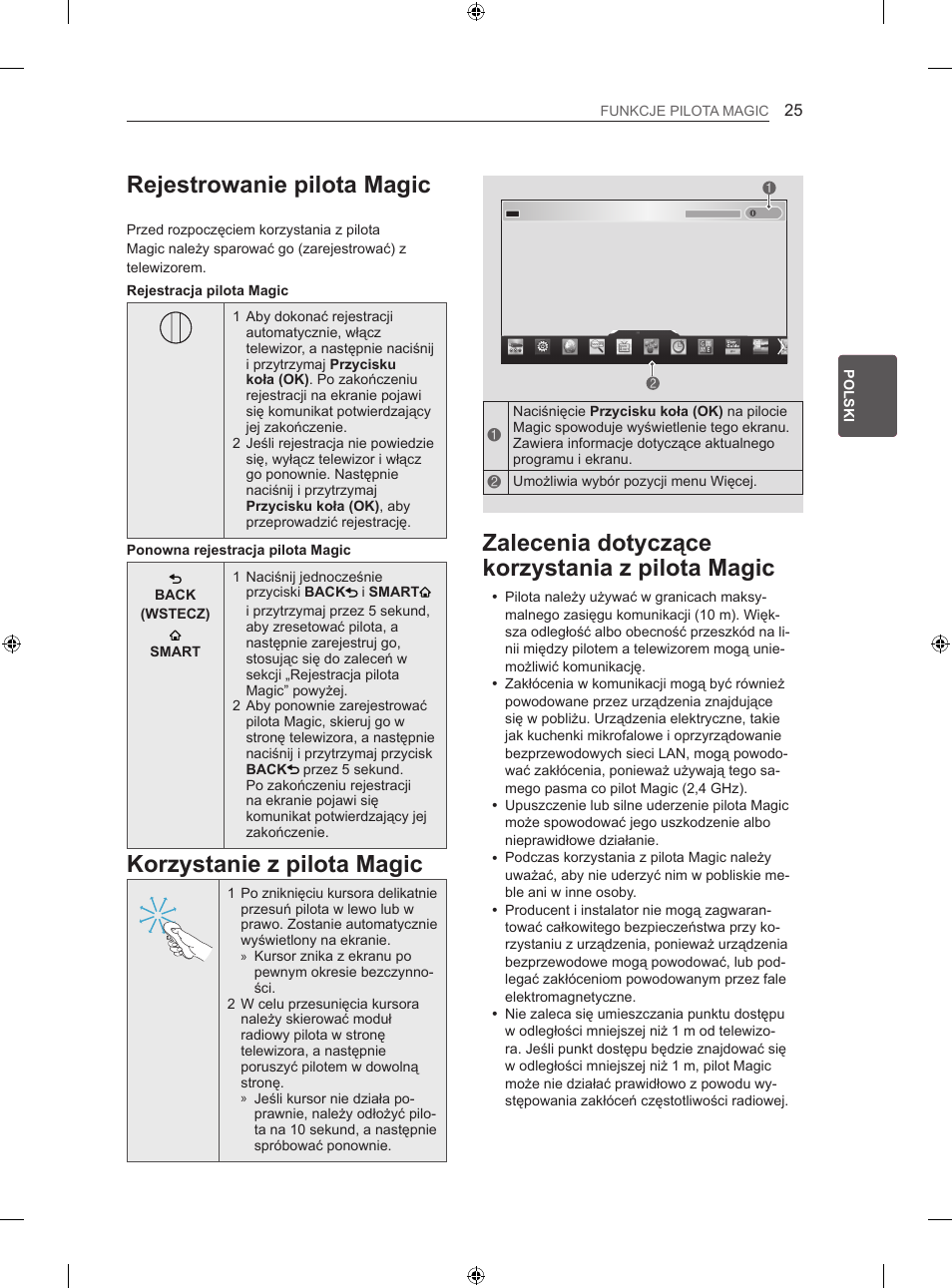 Rejestrowanie pilota magic, Zalecenia dotyczące korzystania z pilota magic, Korzystanie z pilota magic | LG 47LN613S User Manual | Page 145 / 552