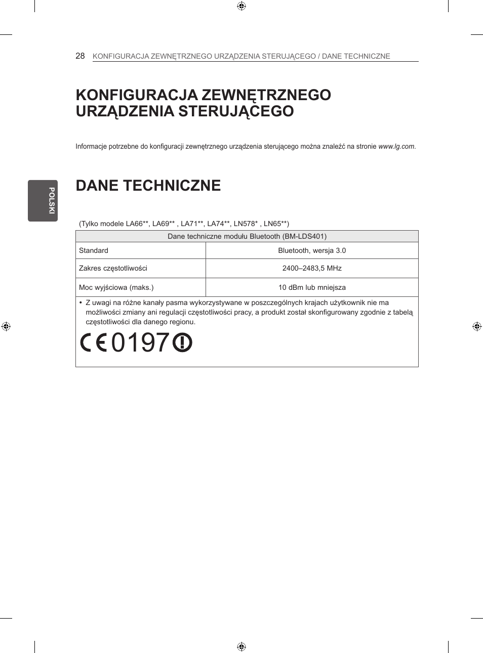 Dane techniczne, Konfiguracja zewnętrznego urządzenia sterującego | LG 47LN613S User Manual | Page 148 / 552