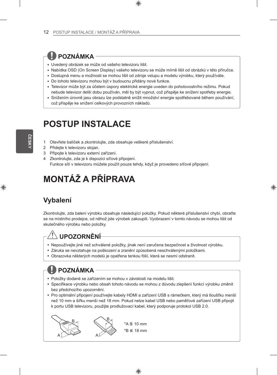 Postup instalace, Montáž a příprava, Vybalení | Poznámka, Upozornění | LG 47LN613S User Manual | Page 162 / 552