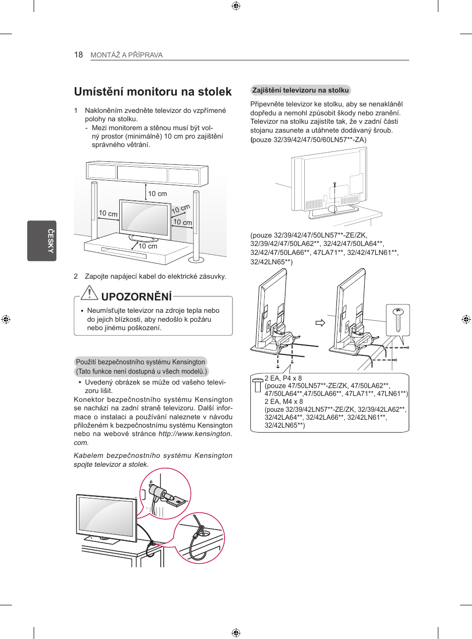 Umístění monitoru na stolek, Upozornění | LG 47LN613S User Manual | Page 168 / 552