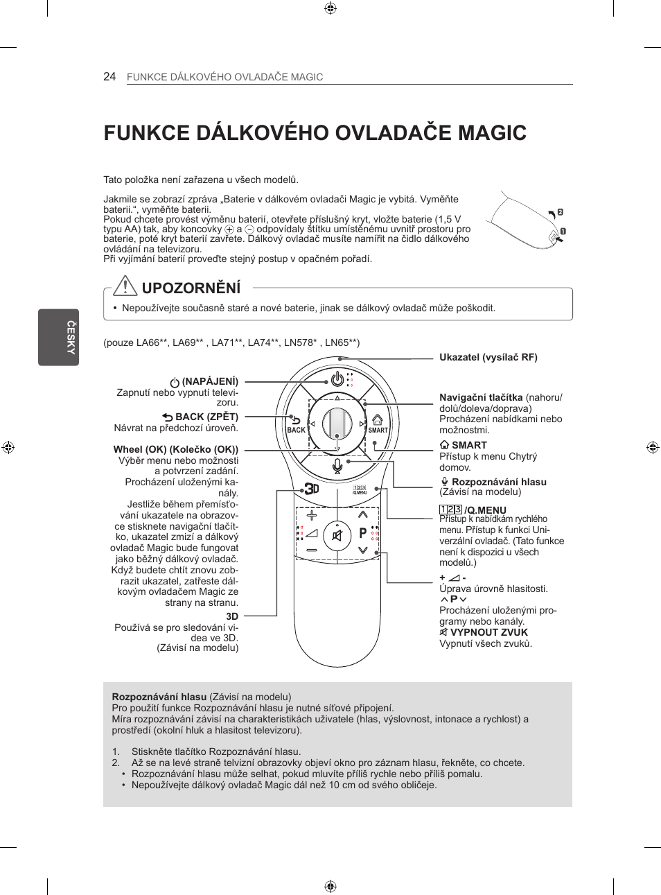 Funkce dálkového ovladače magic, Upozornění | LG 47LN613S User Manual | Page 174 / 552