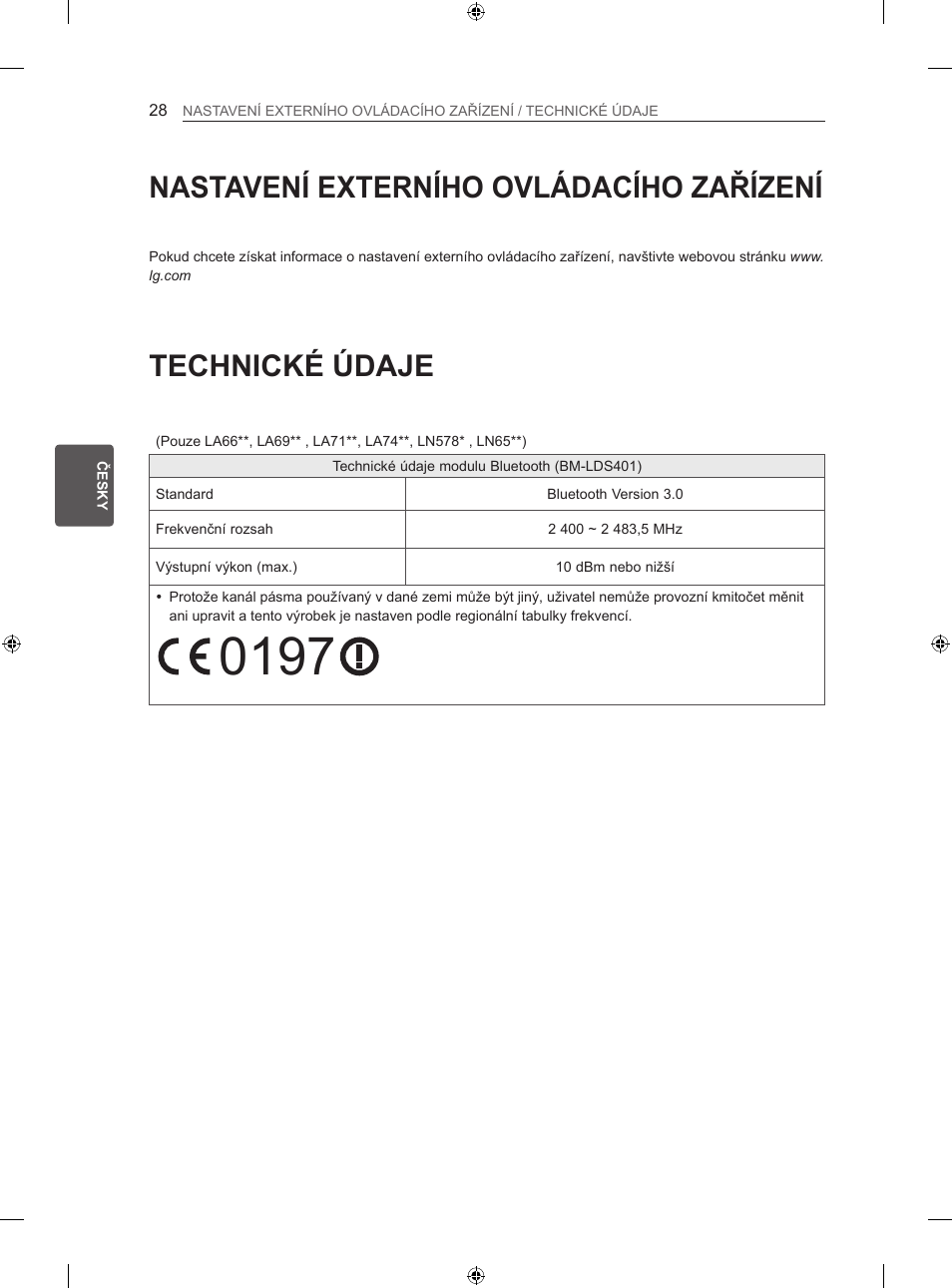 Technické údaje, Nastavení externího ovládacího zařízení | LG 47LN613S User Manual | Page 178 / 552