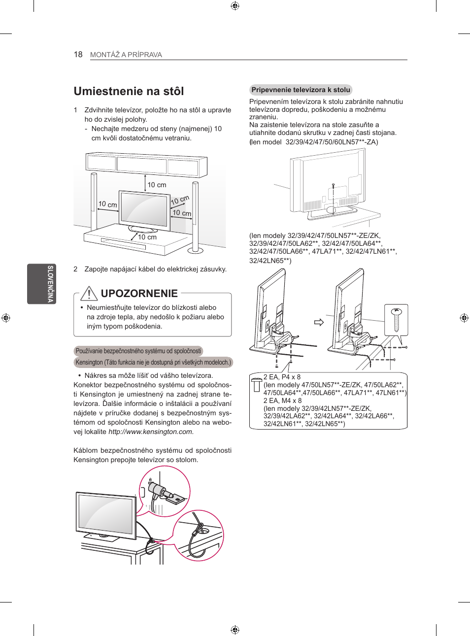 Umiestnenie na stôl, Upozornenie | LG 47LN613S User Manual | Page 198 / 552