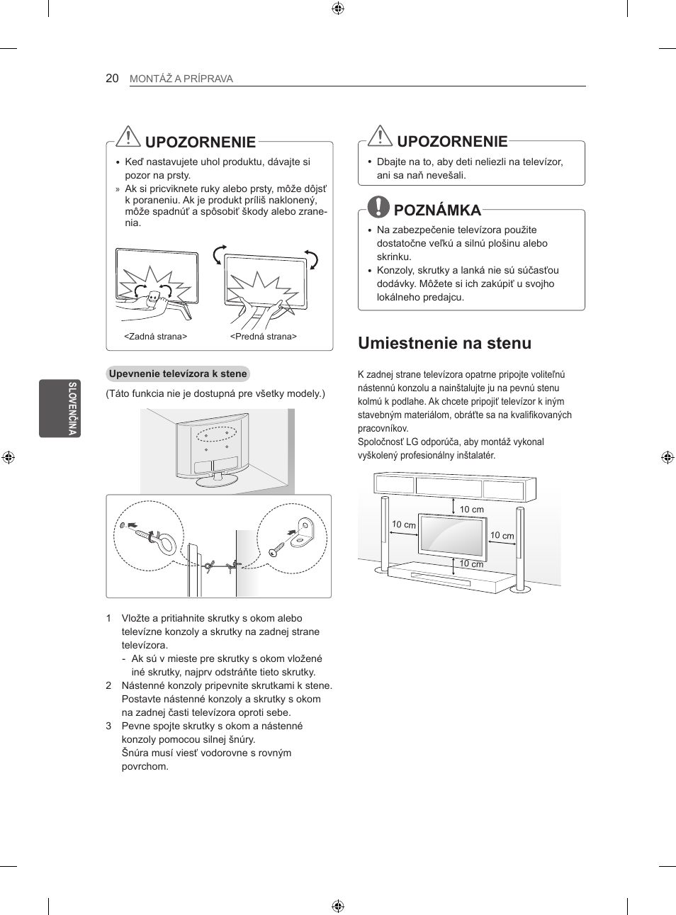 Umiestnenie na stenu, Upozornenie, Poznámka | LG 47LN613S User Manual | Page 200 / 552