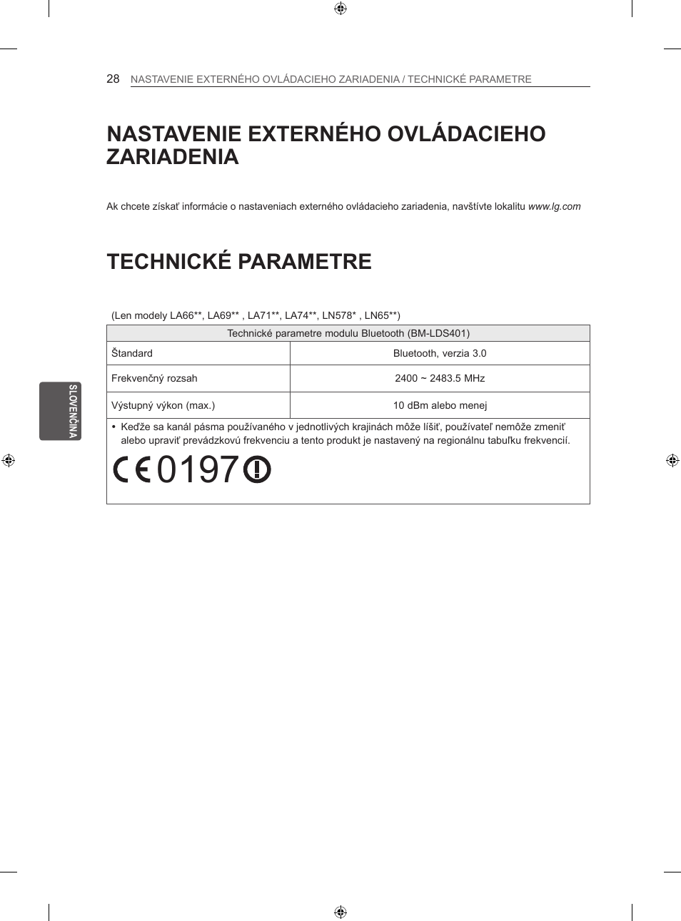 Technické parametre, Nastavenie externého ovládacieho zariadenia | LG 47LN613S User Manual | Page 208 / 552