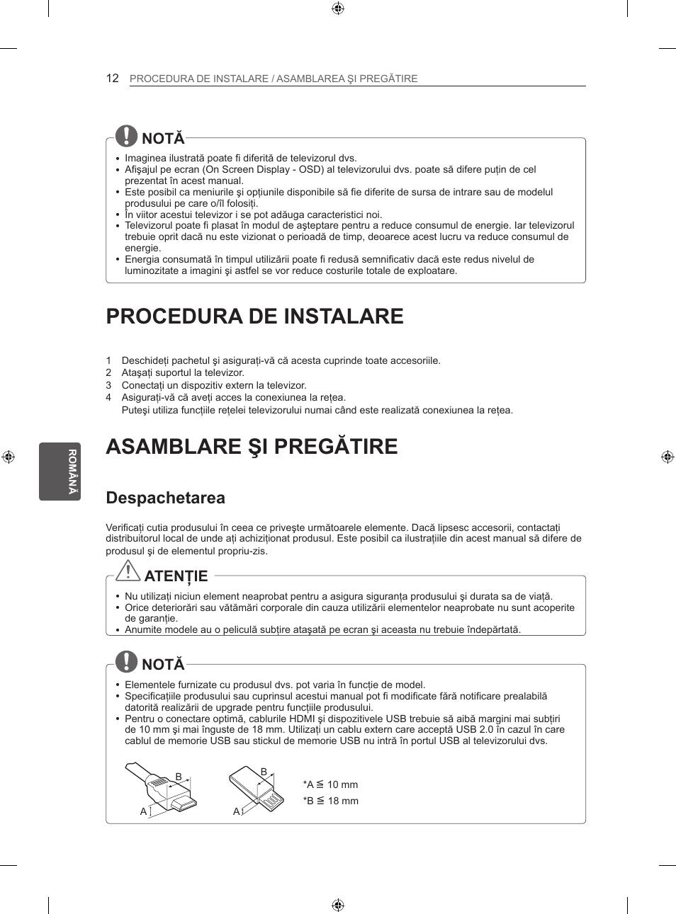 Procedura de instalare, Asamblare şi pregătire, Despachetarea | Notă, Atenţie | LG 47LN613S User Manual | Page 222 / 552