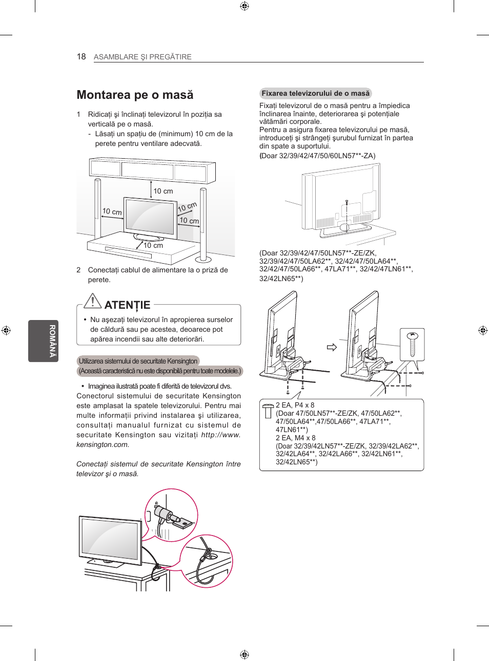 Montarea pe o masă, Atenţie | LG 47LN613S User Manual | Page 228 / 552