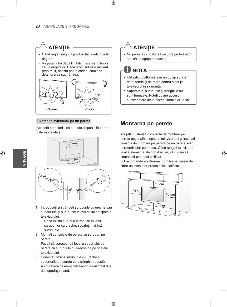 Montarea pe perete, Atenţie, Notă | LG 47LN613S User Manual | Page 230 / 552