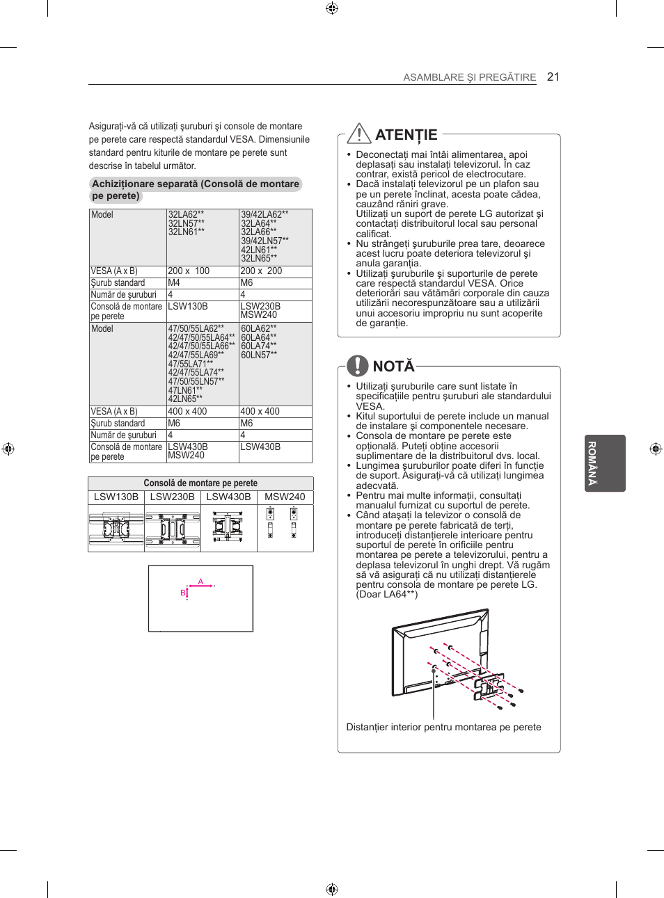 Atenţie, Notă | LG 47LN613S User Manual | Page 231 / 552