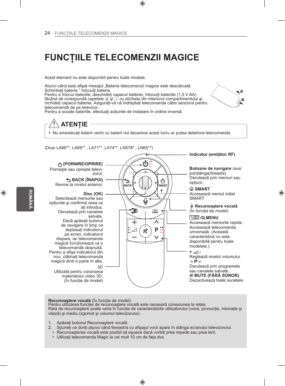 Funcţiile telecomenzii magice, Atenţie | LG 47LN613S User Manual | Page 234 / 552