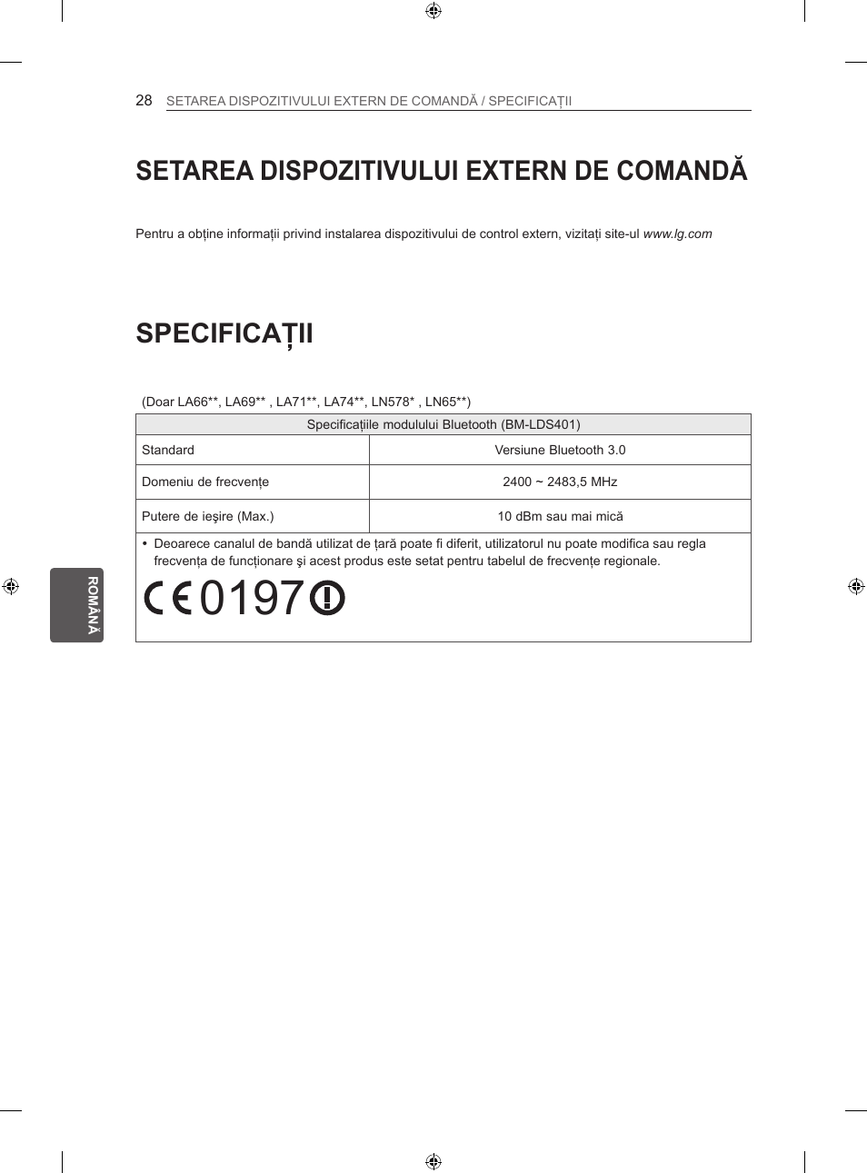 Specificaţii, Setarea dispozitivului extern de comandă | LG 47LN613S User Manual | Page 238 / 552