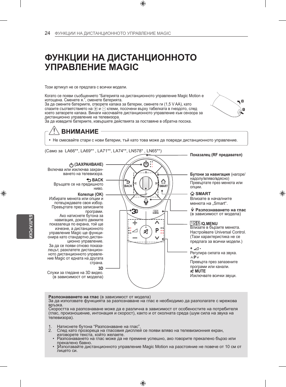 Функции на дистанционното управление magic, Внимание | LG 47LN613S User Manual | Page 264 / 552