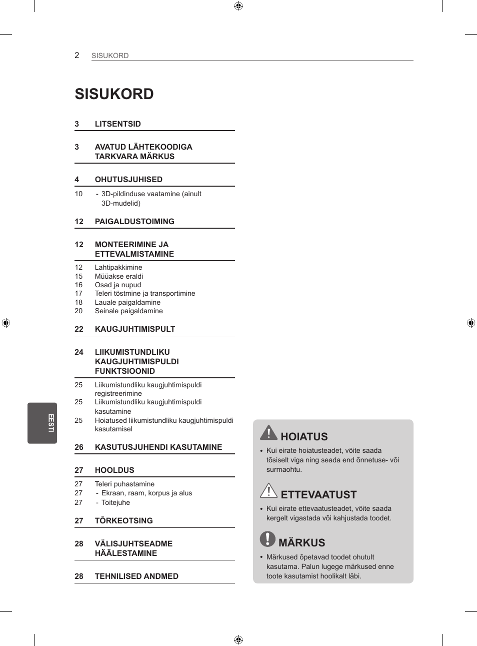 Sisukord, Hoiatus, Ettevaatust | Märkus | LG 47LN613S User Manual | Page 272 / 552