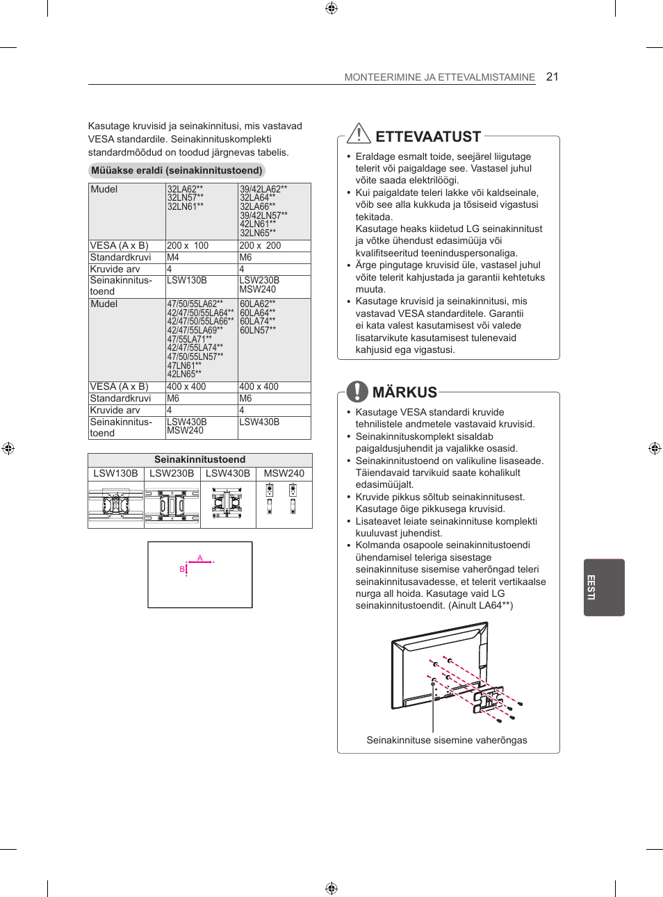 Ettevaatust, Märkus | LG 47LN613S User Manual | Page 291 / 552