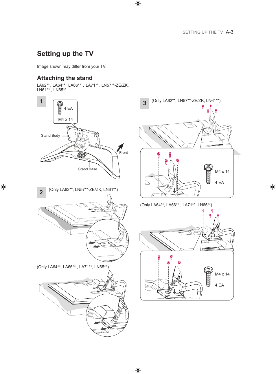 Setting up the tv, Attaching the stand | LG 47LN613S User Manual | Page 3 / 552