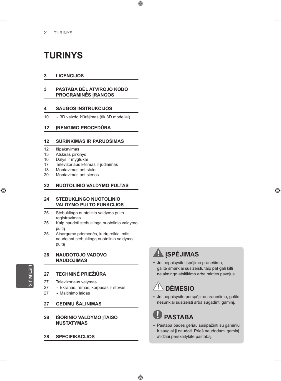 Turinys, Įspėjimas, Dėmesio | Pastaba | LG 47LN613S User Manual | Page 302 / 552