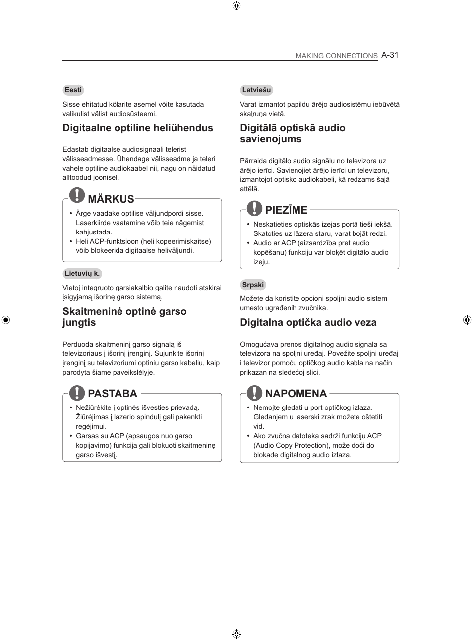 Märkus, Pastaba, Piezīme | Napomena, Digitaalne optiline heliühendus, Skaitmeninė optinė garso jungtis, Digitālā optiskā audio savienojums, Digitalna optička audio veza | LG 47LN613S User Manual | Page 31 / 552