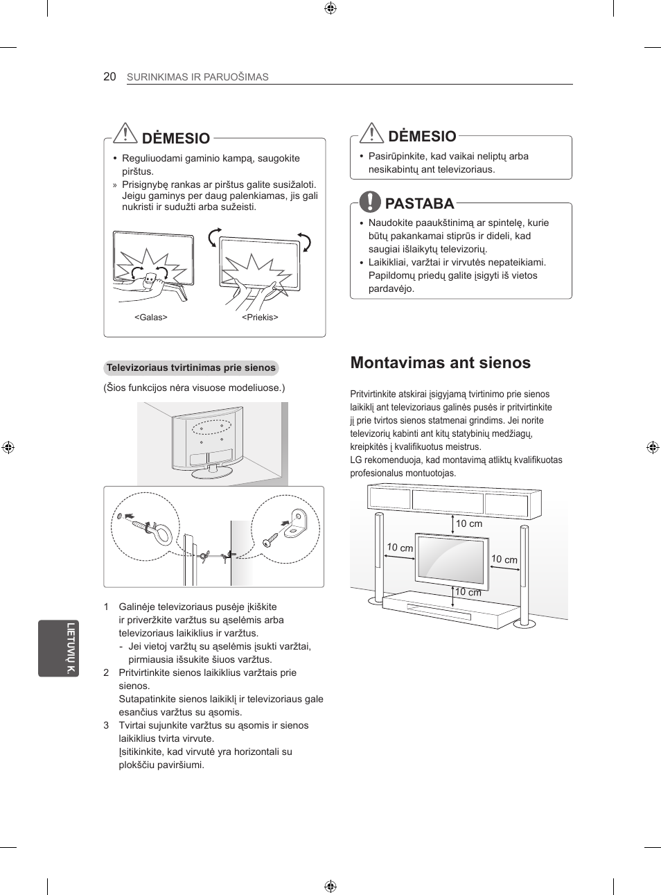 Montavimas ant sienos, Dėmesio, Pastaba | LG 47LN613S User Manual | Page 320 / 552