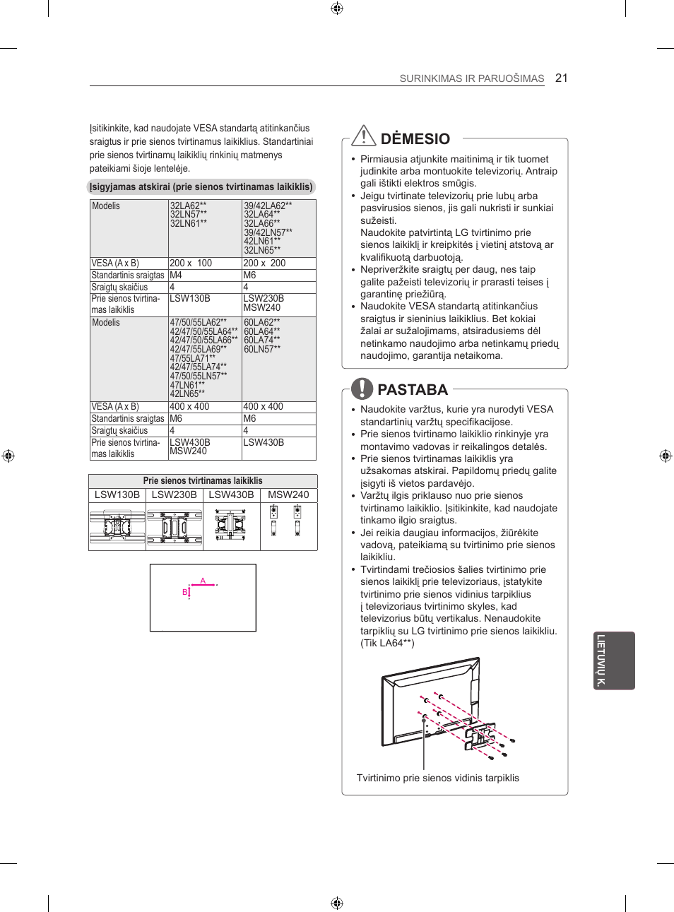 Dėmesio, Pastaba | LG 47LN613S User Manual | Page 321 / 552